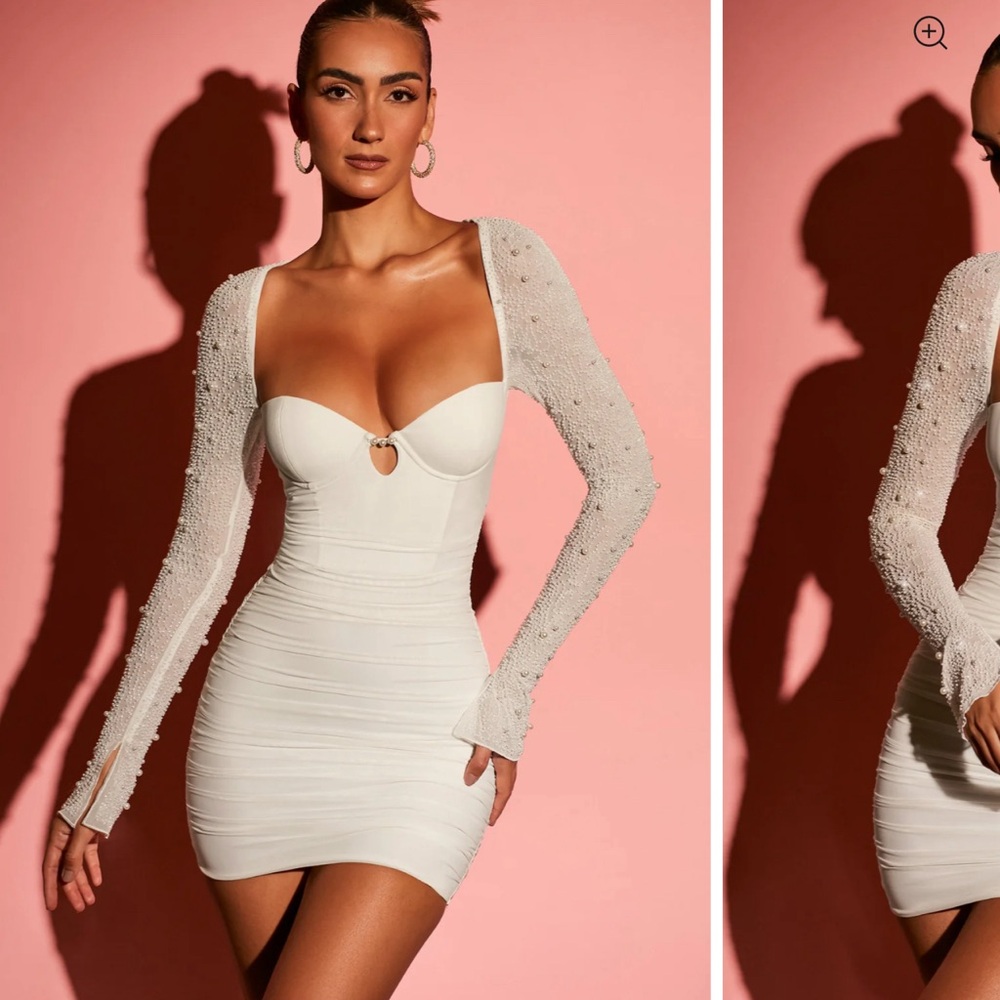 Oh Polly Embellished Long Sleeve Mini Dress in White